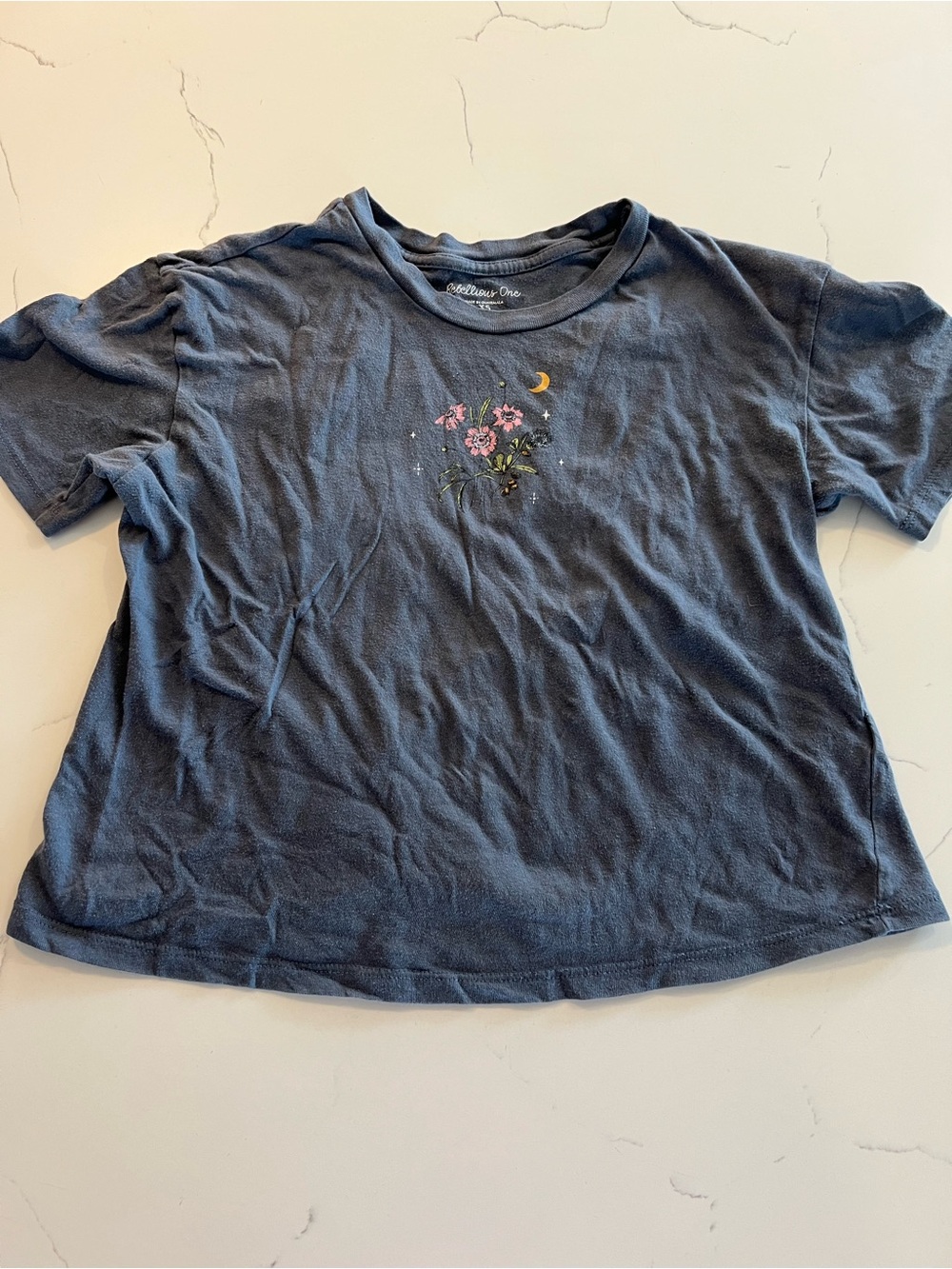 Rebellious One Navy Short Sleeve Tee with Pink Floral & Gold Moon